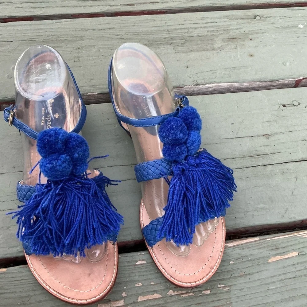Kate Spade Sunset Sued Blue Tassels Strappy Sandals Size 8